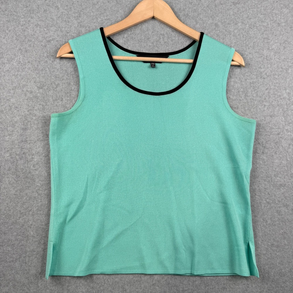 Ming Wang Tank Top Women Medium Petite Teal Green Knit Contrast Trim Scoop Neck